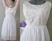 Sparkling Swan Chiffon Vintage 50s Party Dress - NOS Deadstock Snow White Sequin Prom Fashion Windsor Petite Junior Wedding Bridal Unworn S