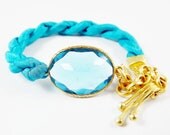 Stackable Bracelet Translucent Blue Quartz & Silk Turkish  - Gold Plated - Fall Fashion