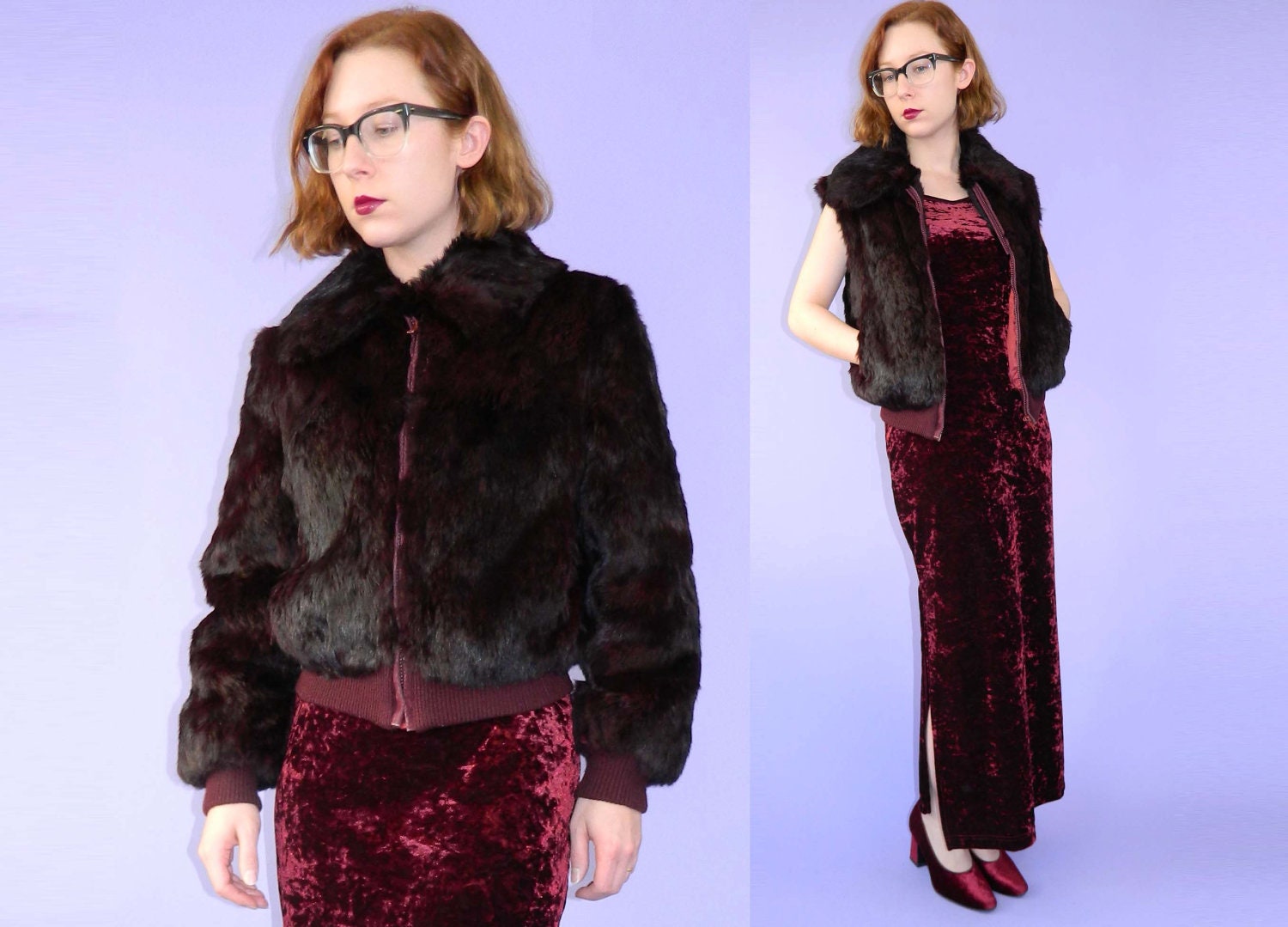 1970s Fur Bomber Jacket Vest Bordeaux Rabbit Coat Medium