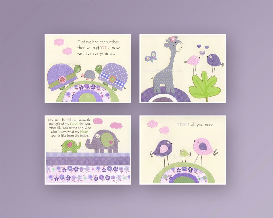 Baby girl Room Decor, Nursery wall Art prints, set of 4 8x10..match LuLu by Sweet Potato and carters elephant patches, lavender and green