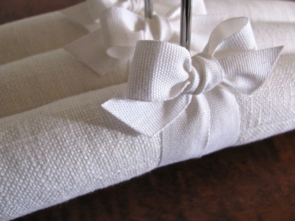 White Linen Padded Hangers for Baby with White Organic Ribbon Accent (Set of 3)
