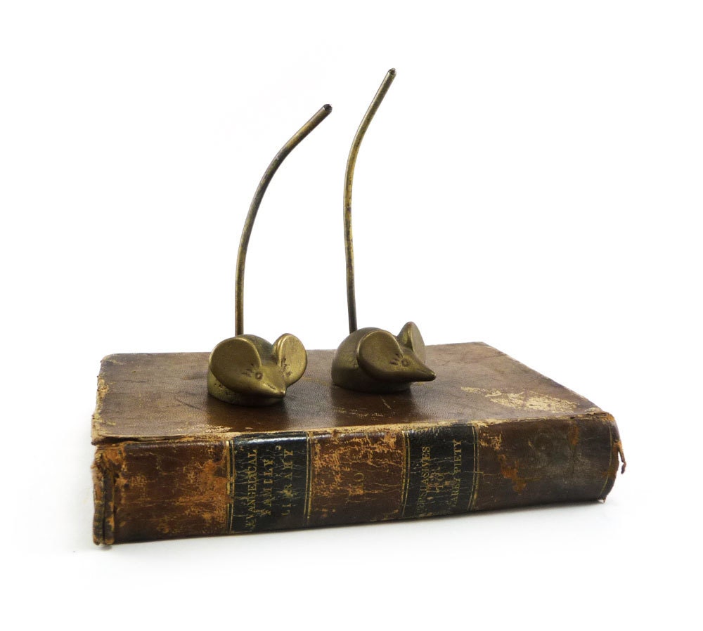 Pair of vintage brass mice - long tailed gold mouse desk accessory home decor