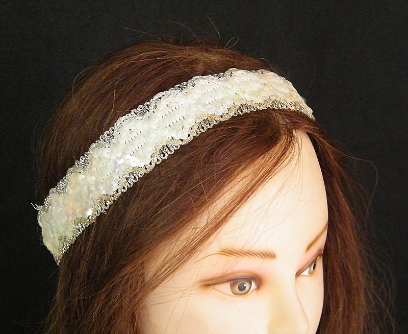 Bridal Lace Headband, vintage elastic embroidery flat beads in white color, the edge is with silver yarn. Romantic accessories BRIDAL