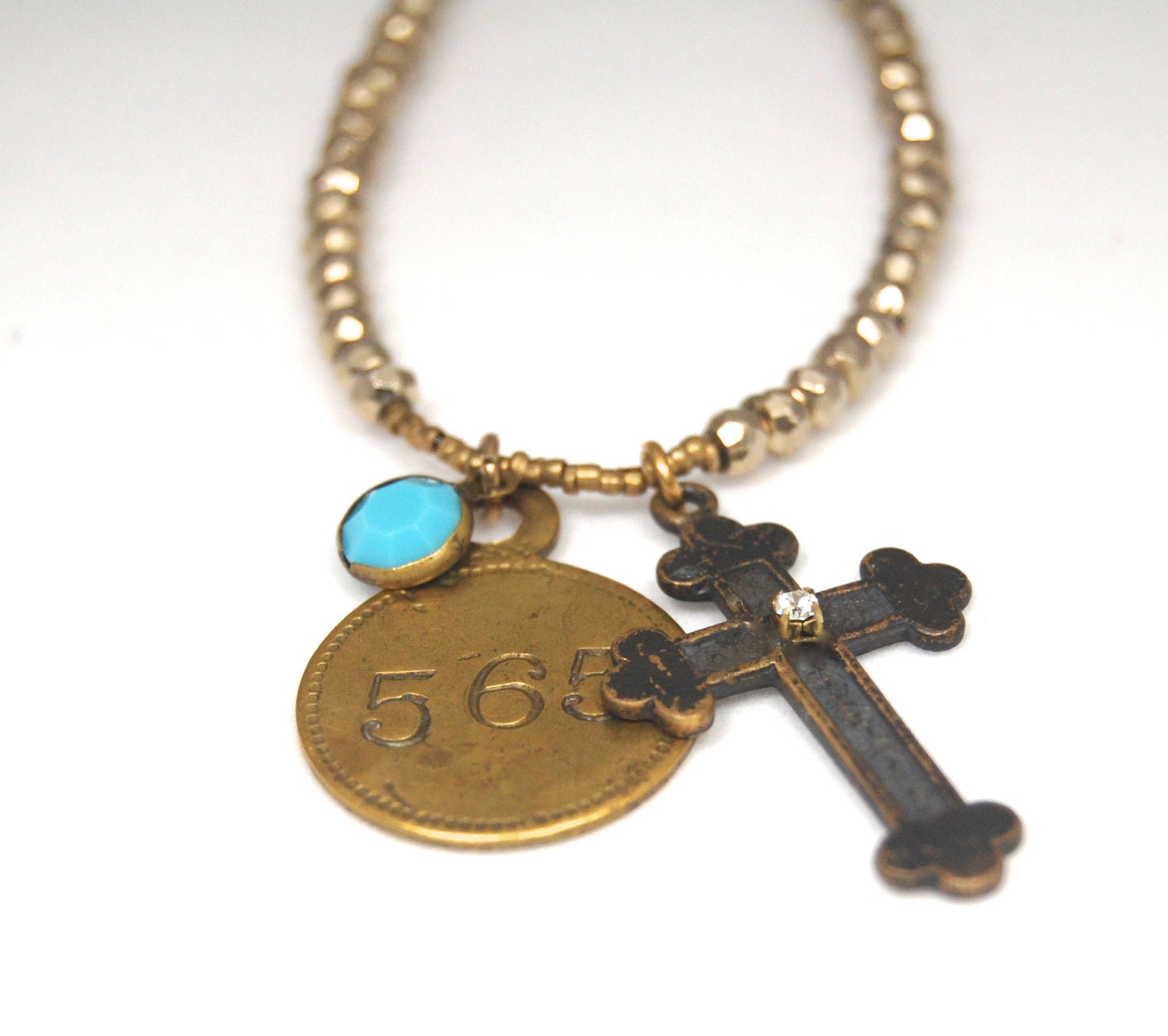 Bronze Cross Necklace with Victorian Room Tag and Turquoise