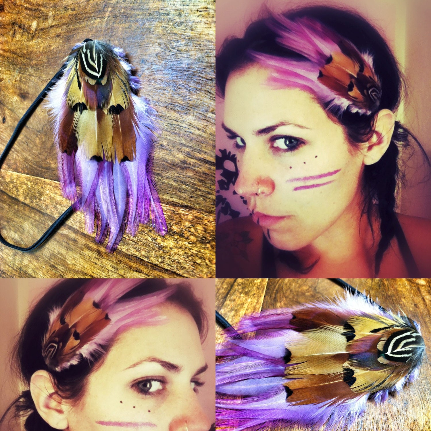 Feather Headband - blue and brown 