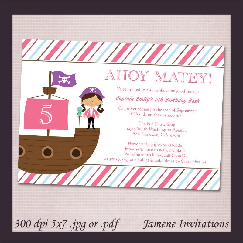 Girl's Pirate Birthday Party Printable Invitation - Print your own Il_570xn