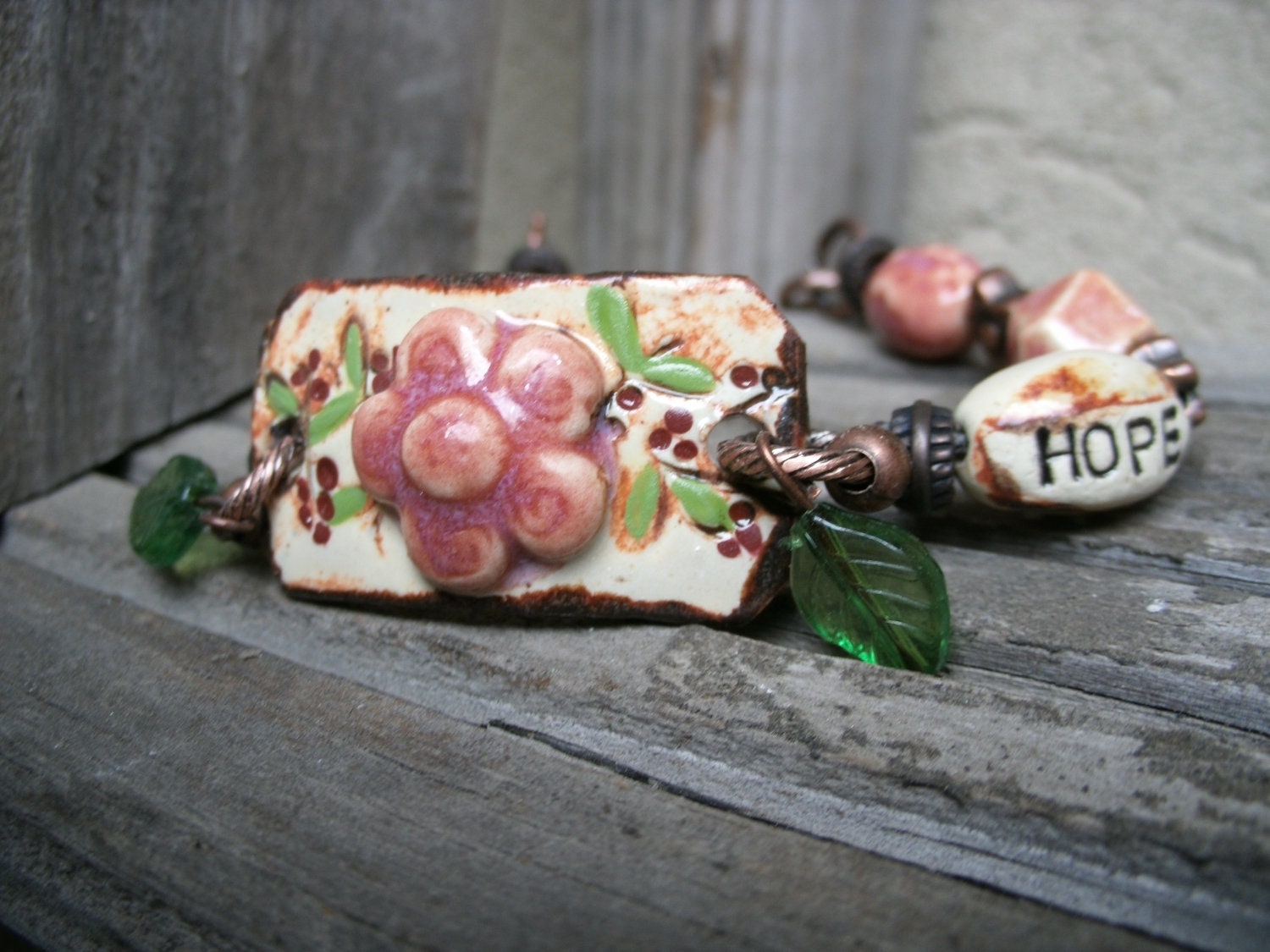 Boho....Cuff Bracelet...Bohemian Romance... Pink Flower... Organic bracelet...HOPE bEad...leaf charm