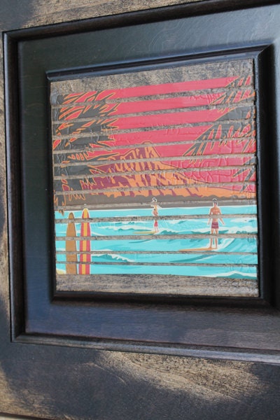 Upcycled Surf Wall Art - Tropical Surfing Beach Scene on Reclaimed Wood Door - recycled paper, distressed wood