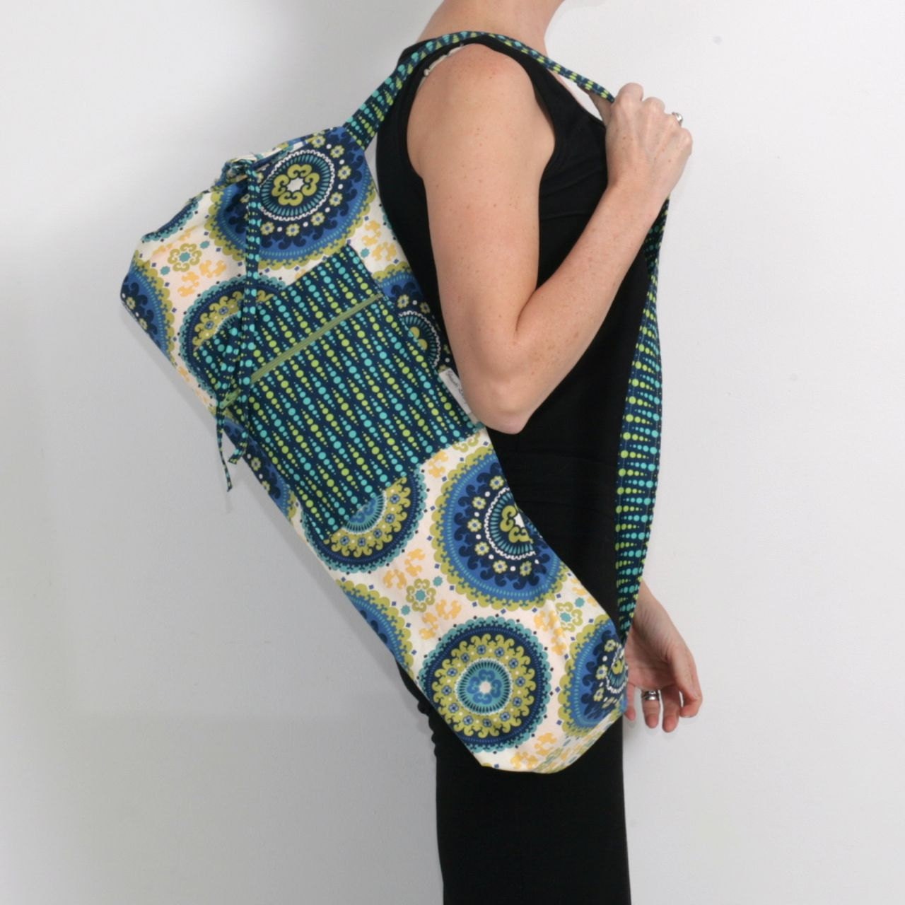 FREE SHIPPING- Yoga Mat Bag in Green Blue Mandalas with a Zipper Pocket