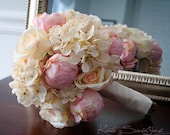 Shabby Chic Wedding Bouquet - Peony Rose and Hydrangea Ivory and Blush Wedding Bouquet