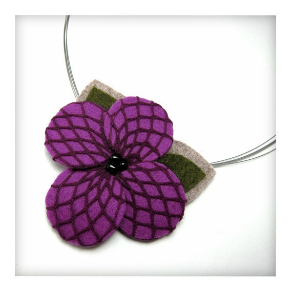 Handmade Felt & Fishnet Necklace - Single Flower Purple and Purple