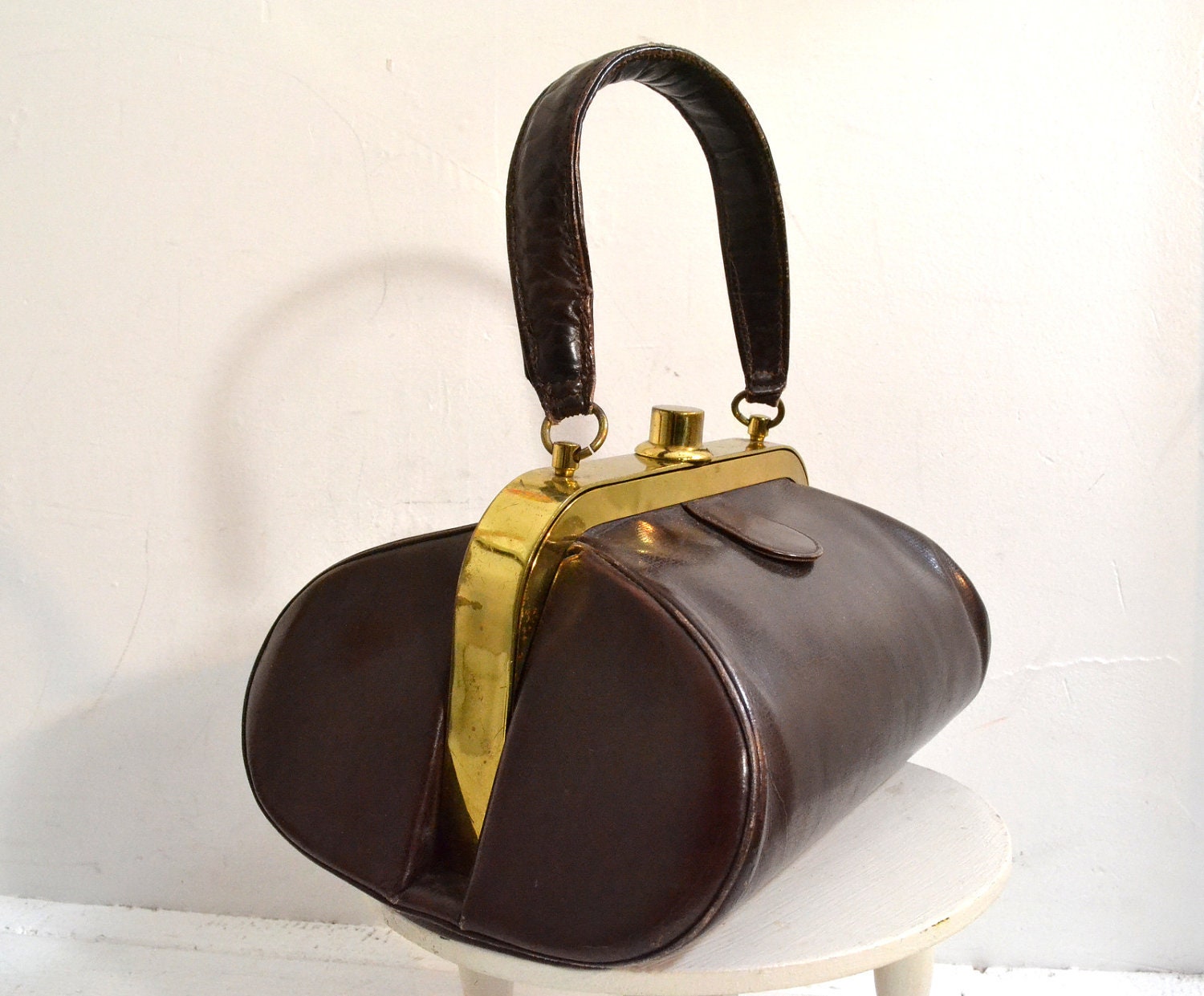 Vintage 1950's /1960's Purse // Brown Leather Evening Purse w/ Gold Tone Frame // Unusual Shape