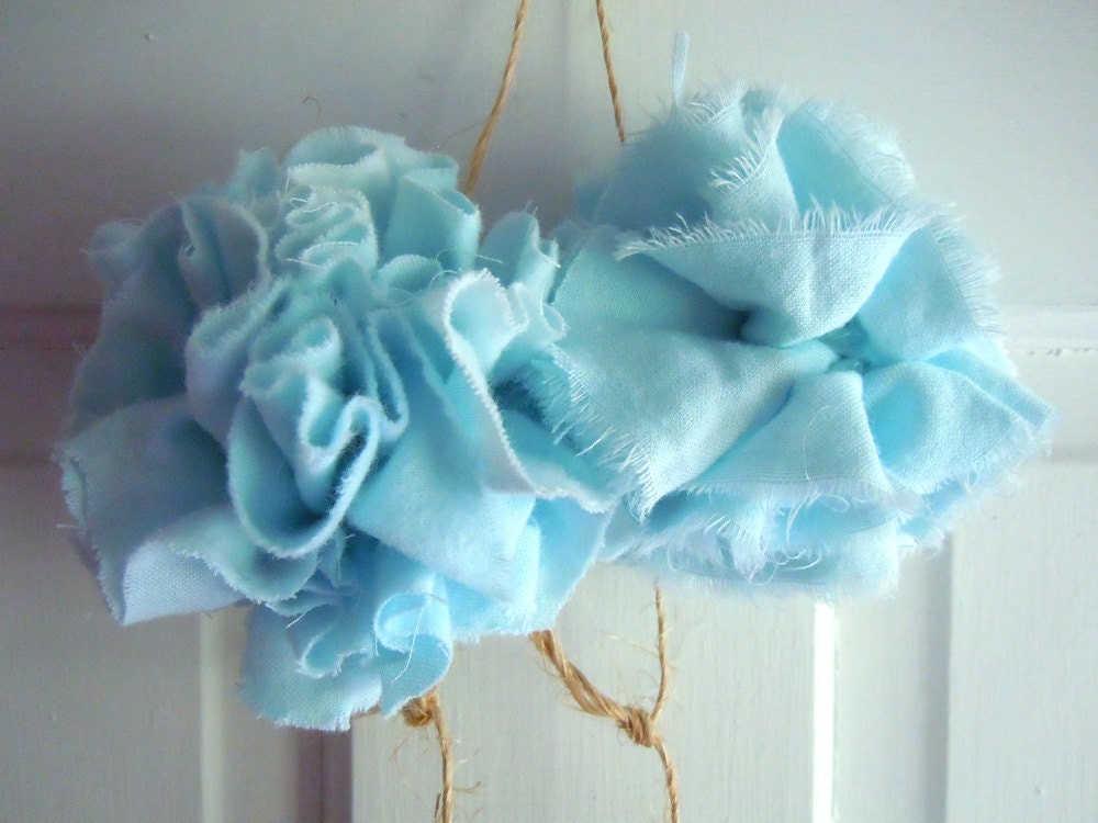 Robins Egg Blue Fiber Pom Pom Ornaments- Pom Pom Flower Garland- Pom Pom Ornamnet Set of Five