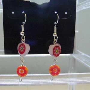 Pink Hearts and Flowers Dangle Beaded Earrings