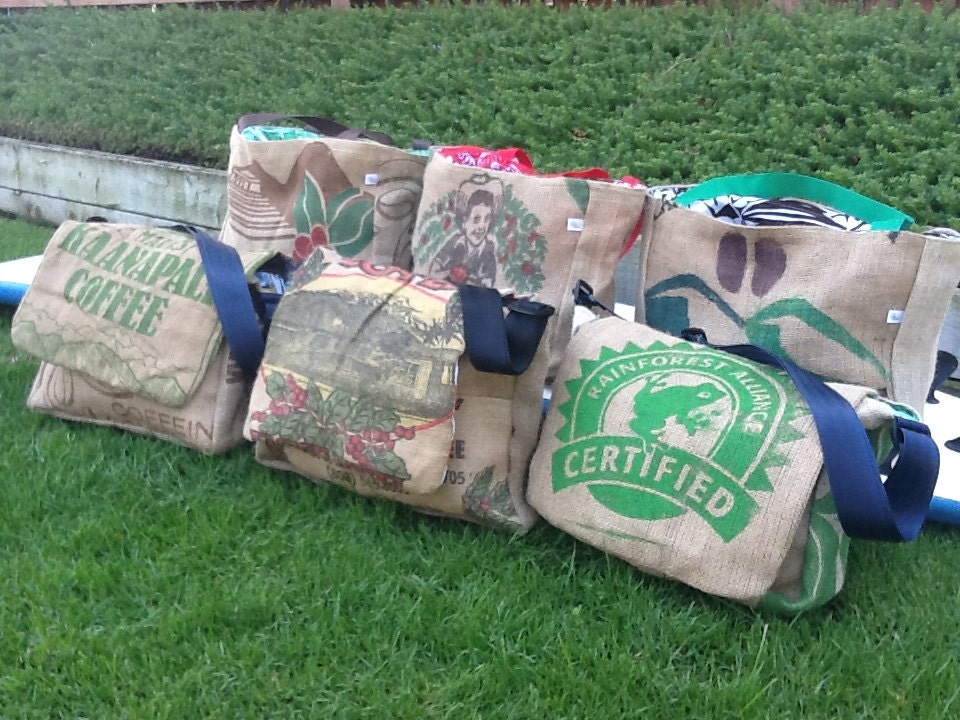Eco Friendly Bridal Party Gifts 4 Totes and 4 Messengers - Handmade from Recycled Coffee Sacks