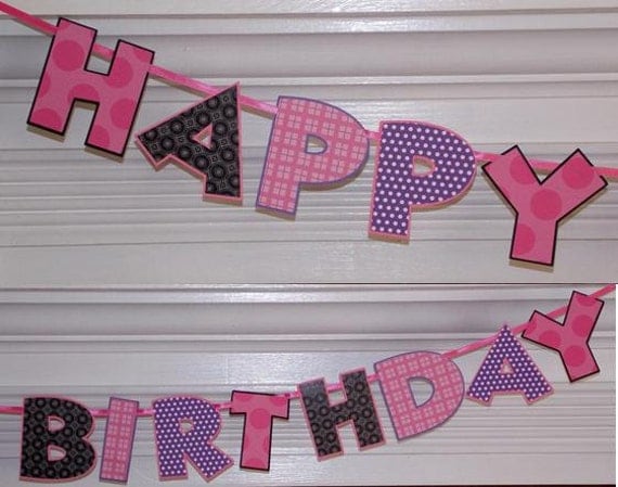 Happy Birthday Letter Banner ...Pink Purple Black ... Polka Dots Stripes Plaid ... READY TO SHIP ... adjustable Il_570xn