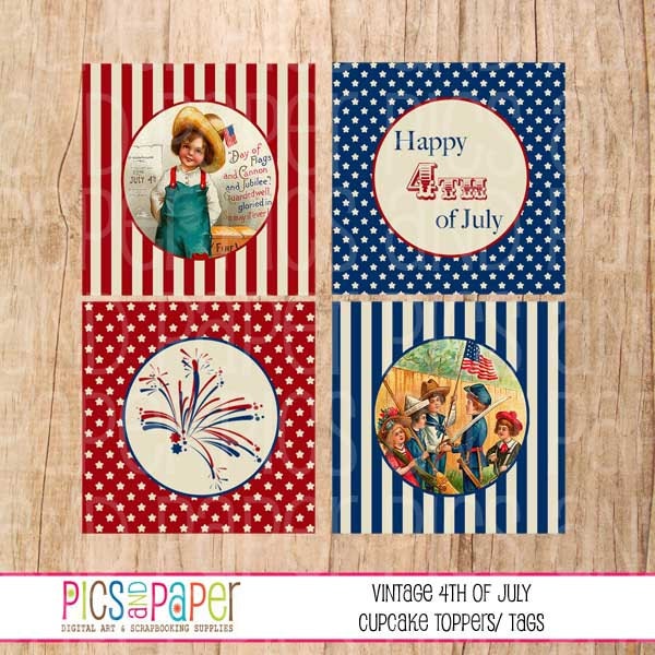 Vintage 4th of July Printable cupcake toppers, tags, labels  P16