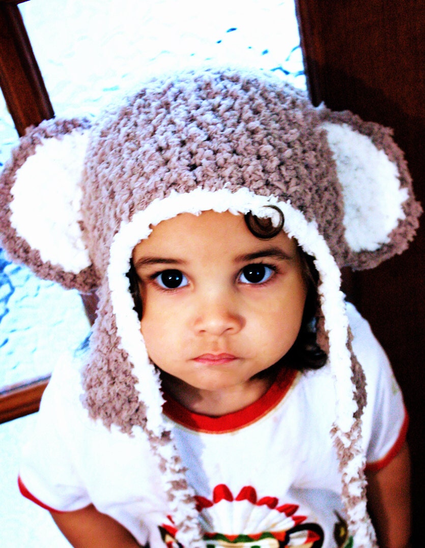 SALE 5T to Preteen Monkey Hat Brown Cream Kids Hat Crochet Monkey Earflap Hat - Monkey Beanie Monkey Ears Earflap Monkey Photo Prop