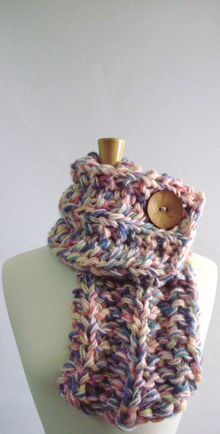 Pink, Blue, Green and Yellow Chunky Knit Cowl Scarf with Large Light Brown Button - 1 Available
