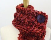 Raspberry Pink, Orange and Teal Blue Chunky Knit Cowl Scarf with Large Purple Button - Only 1 Available