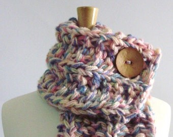 Pink, Blue, Green and Yellow Chunky Knit Cowl Scarf with Large Light Brown Button - 1 Available
