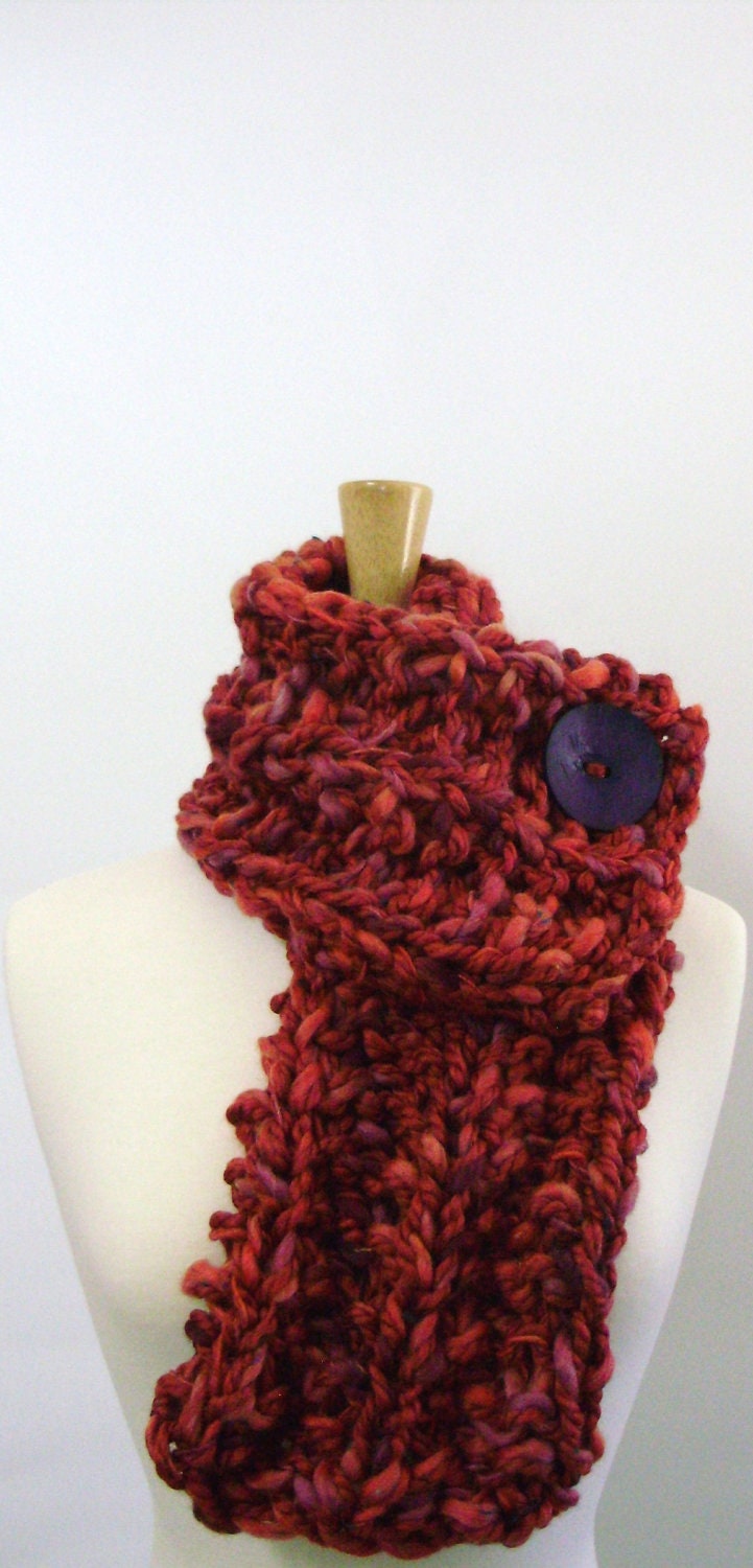 Raspberry Pink, Orange and Teal Blue Chunky Knit Cowl Scarf with Large Purple Button - Only 1 Available