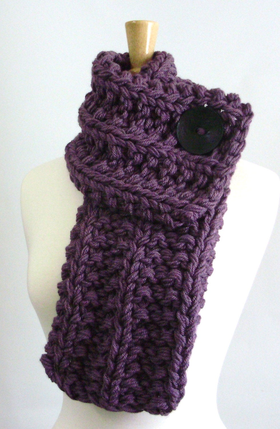 Dusty Purple Chunky Knit Cowl Scarf with Large Black Button