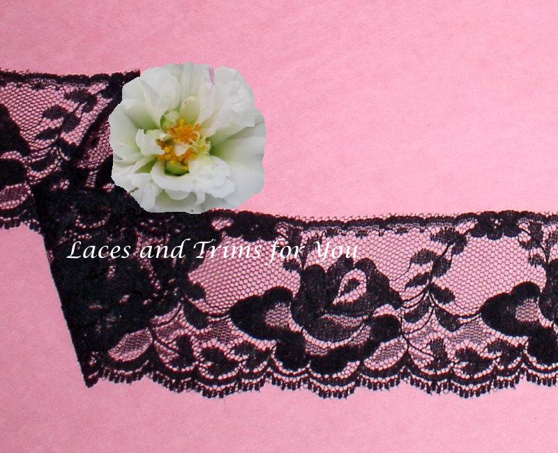 5 Yards Black Roses Scalloped Lingerie Lace Trim 2-3/8 inch wide Fabric Trim D24A