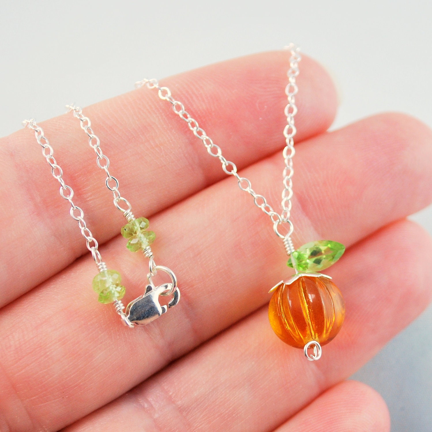 Halloween Jewelry Orange Pumpkin Necklace Glass Bead Genuine Peridot Wire Wrapped Sterling Silver Thanksgiving Autumn Complimentary Shipping