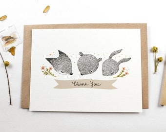 10 Thank You Notecards - Whimsical Fox, Bear and Rabbit