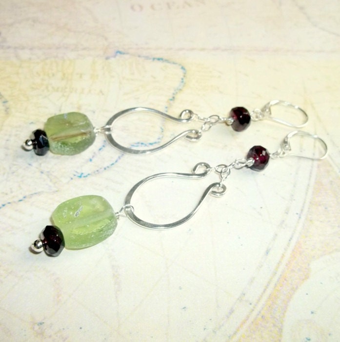 Ancient  Roman Glass and Red Garnet Gemstone Earrings Sterling Silver Long Dangle earthegy