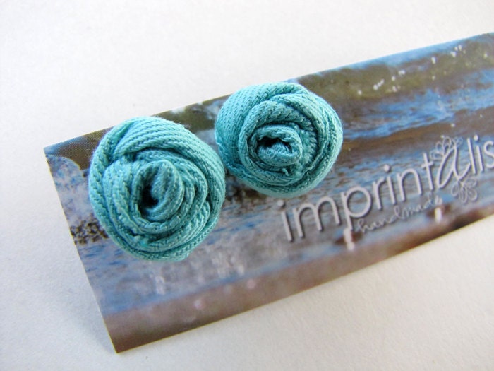 Turquoise Cotton Twill Wrapped Rosebud Stud Earrings