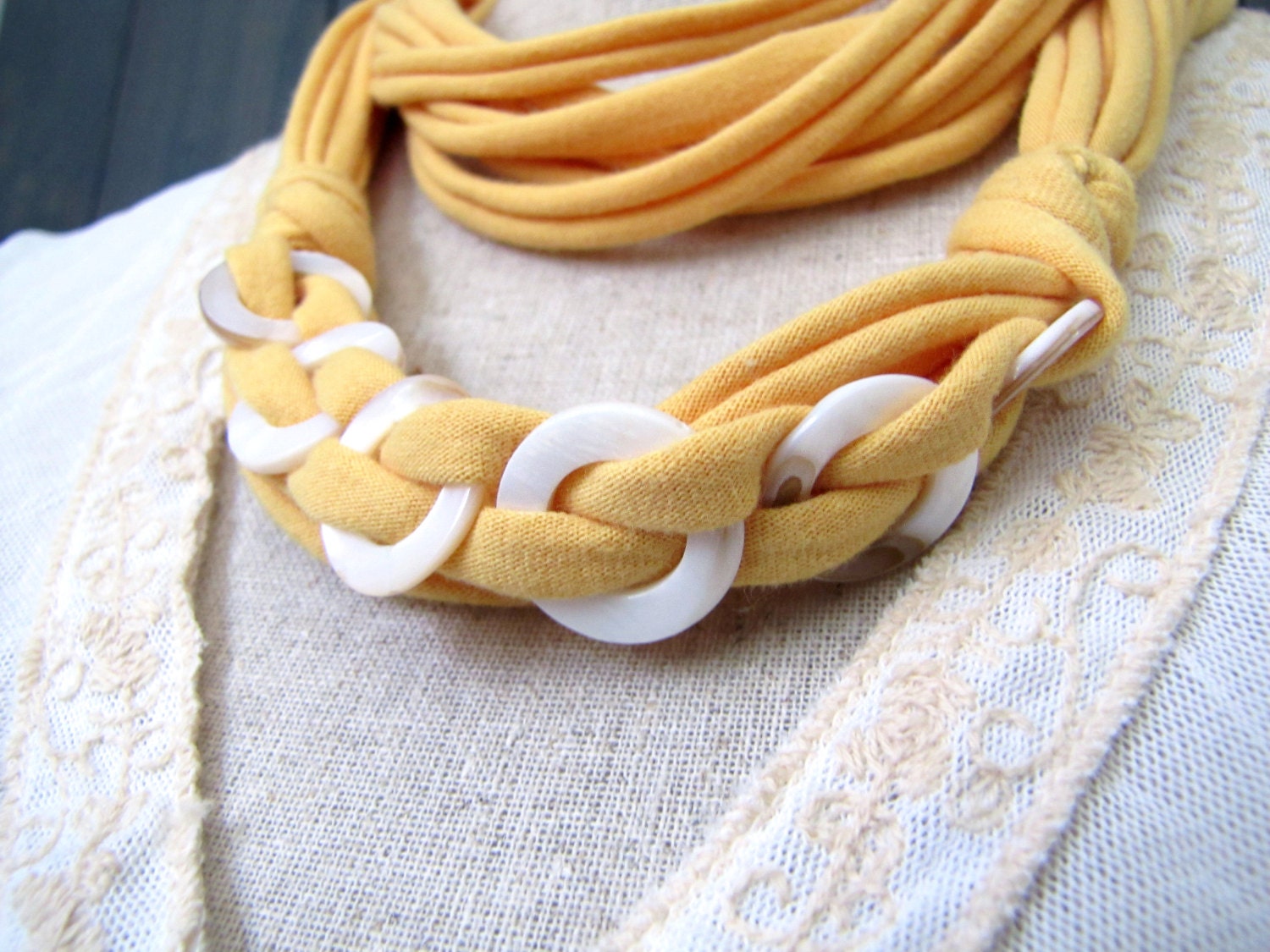 Golden Yellow with White Mother of Pearl Acrylic Beads Cotton Jersey Necklace