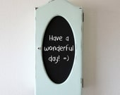 Vintage repurposed pale blue distressed cabinet, with chalkboard