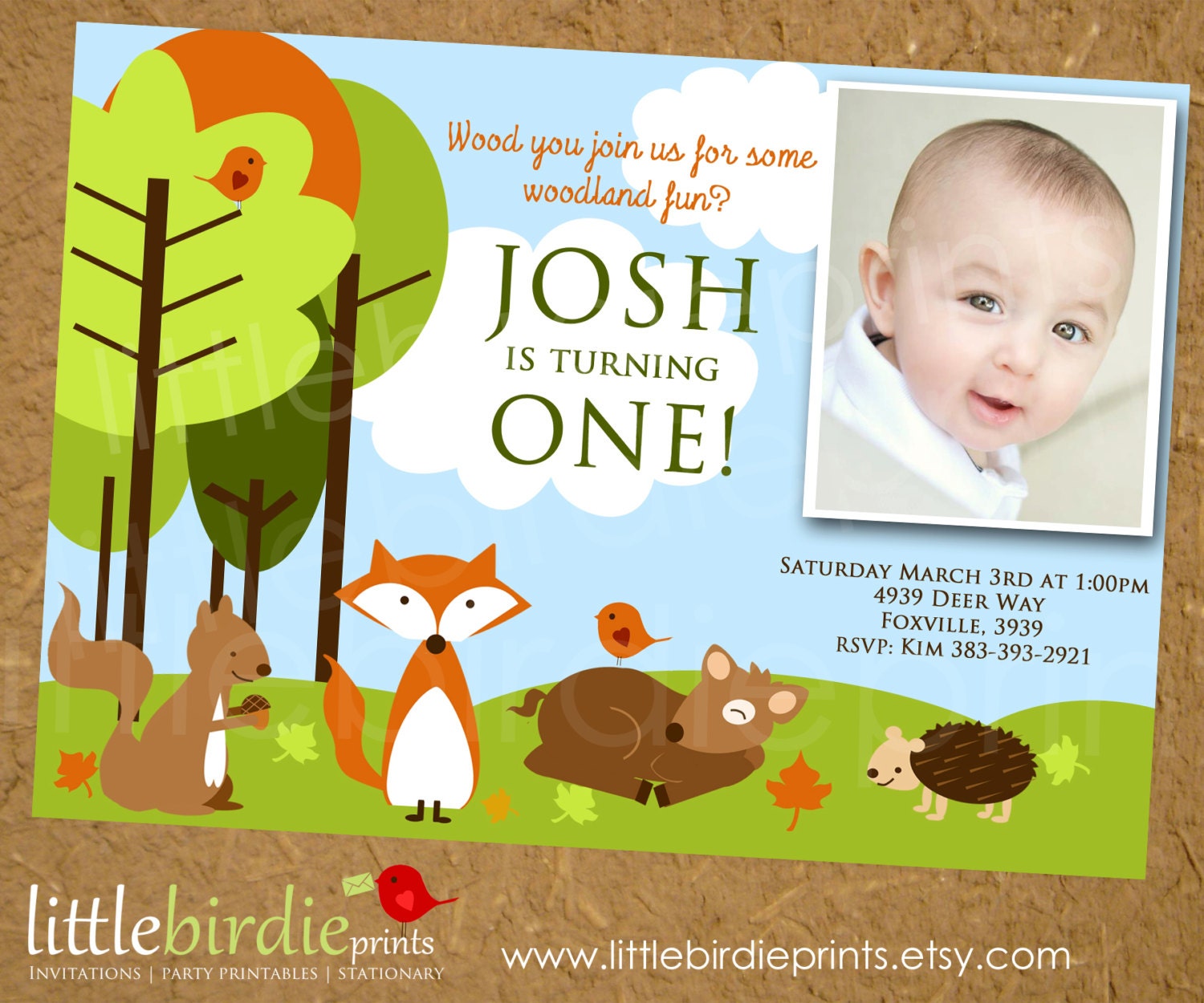 WOODLAND FOREST Birthday Invitation with Animals...Fox Deer Squirrel Birds and Porcupine Any age. Printable File
