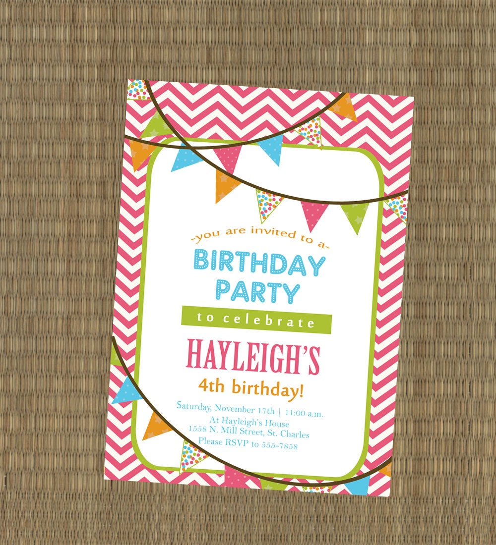 Printable Girls Birthday Invitation - Chevron Pendant Banner Birthday Invite - Pink, Blue, Green, Orange