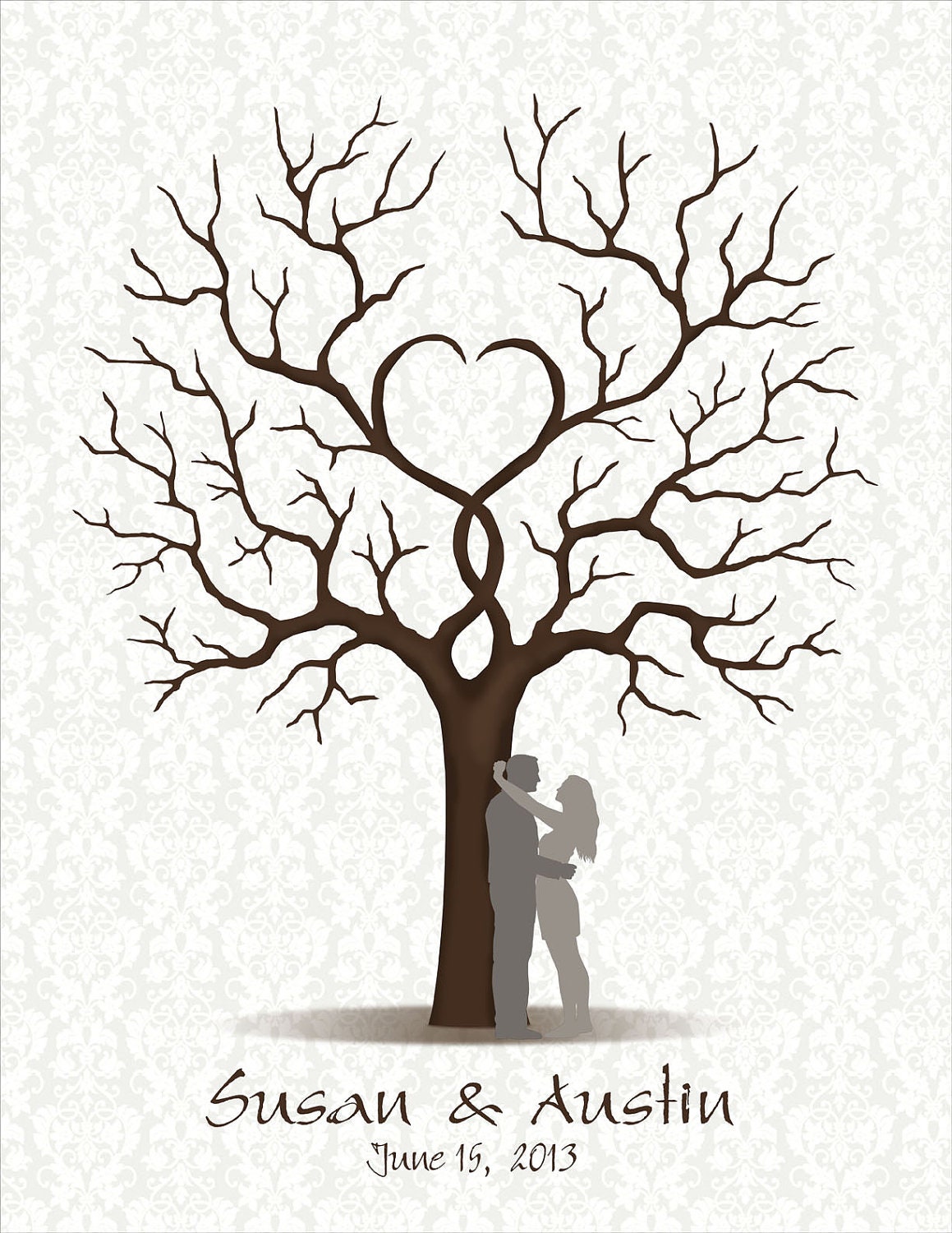 DIY Wedding Guest Book with Couple Silhouette - Printable PDF - Fingerprint Signature Tree 11x14, 16x20, 17x22, 18x24, 20x25 or 24x30 inches
