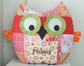 Personalized Large Patchwork Owl Pillow Plush Stuffed Toy with Front Pocket Great Gift for Baby Girl or Toddler  - Orange, Pink and Green