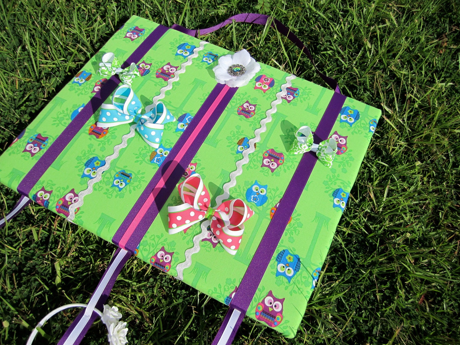 Hair Bow Board Organizer: Green and Purple Owl Print with Headband Holder