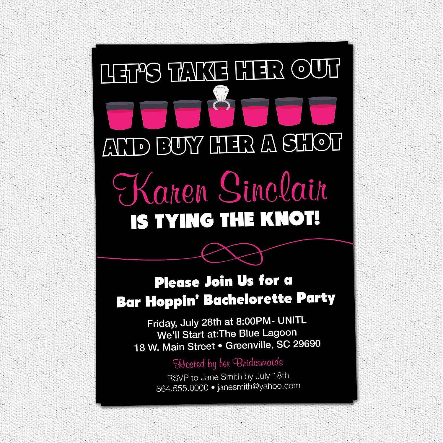 Bachelorette Party Invitation, Printable, Buy Her a Shot She's Tying the Knot, Pink and Black, DIY Digital File