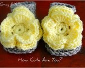Baby Booties Gray and Yellow Flower Shoes,  Newborn to 3 Months,  Custom Made to Order