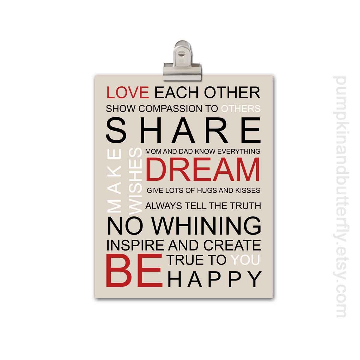 Family Rules -- 11x14 Poster Print in Cream, Khaki, Black, Red, Custom Color, Wall Decor