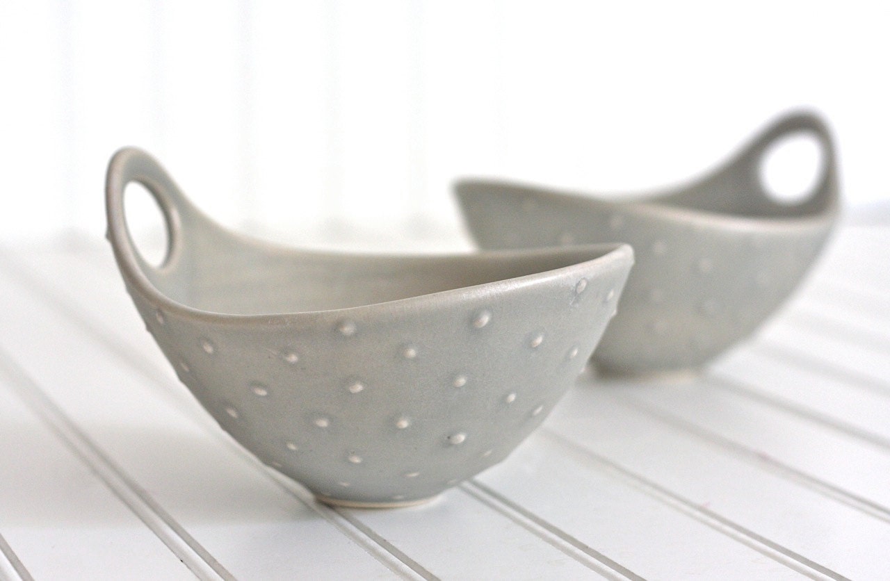 Pottery Bowl - Soft Gray Polka Dot Bowl with Handle - Noodle Bowl