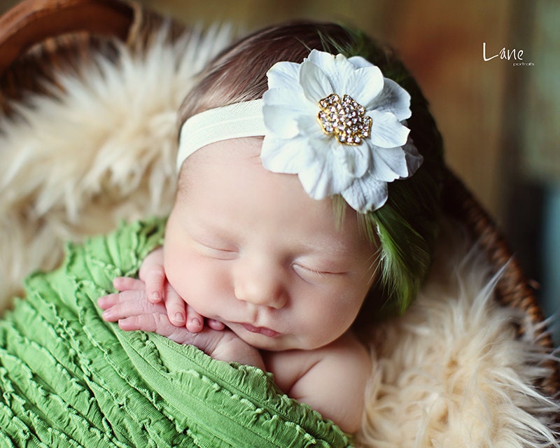 Baby Flower Headband - Newborn Headband - Photo Prop - Olive Green Couture Feather Headband