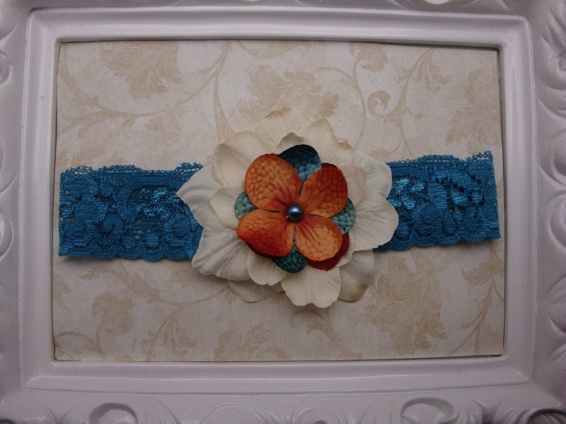 Baby Flower Headband - Newborn Headband - Fall Headband - Ivory Orange and Teal Flower Headband