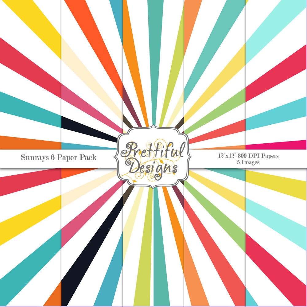 50% OFF SALE Digital Paper pack for Digital Scrapbooking, Photography, Card Making, Commercial Use - Multicolored Sun Rays Set 6 (426) Il_570xn