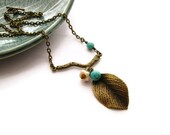 Brass Twig and Leaf Necklace with Turquoise Magnesite - Fallen Twig