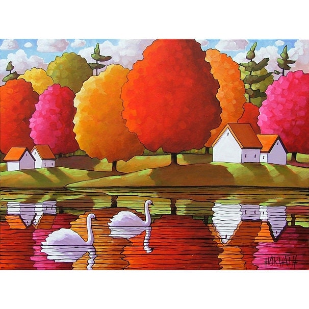 ORIGINAL PAINTING Folk Art Autumn White Swans Cottage Tree Water Abstract Reflection Landscape Colorful Artwork Cathy Horvath Buchanan 18x24