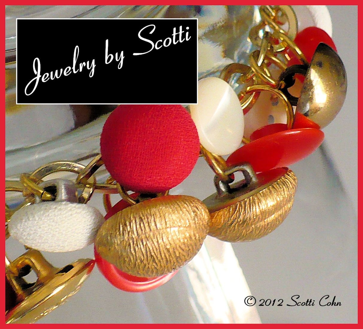 Red White Gold Button Chain Charm Bracelet
