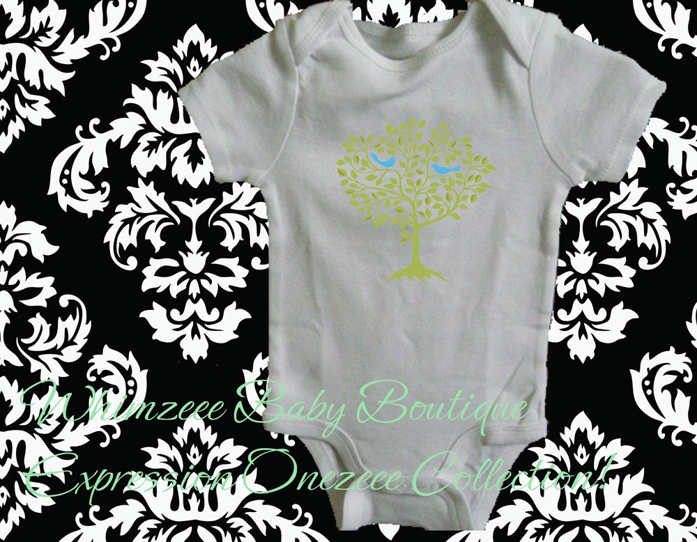 Baby Onesie-Birds in Tree Onezeee Bodysuit (green v.) - (You pick the size)-White Bodysuit-Baby Shower Gift-Baby Gift